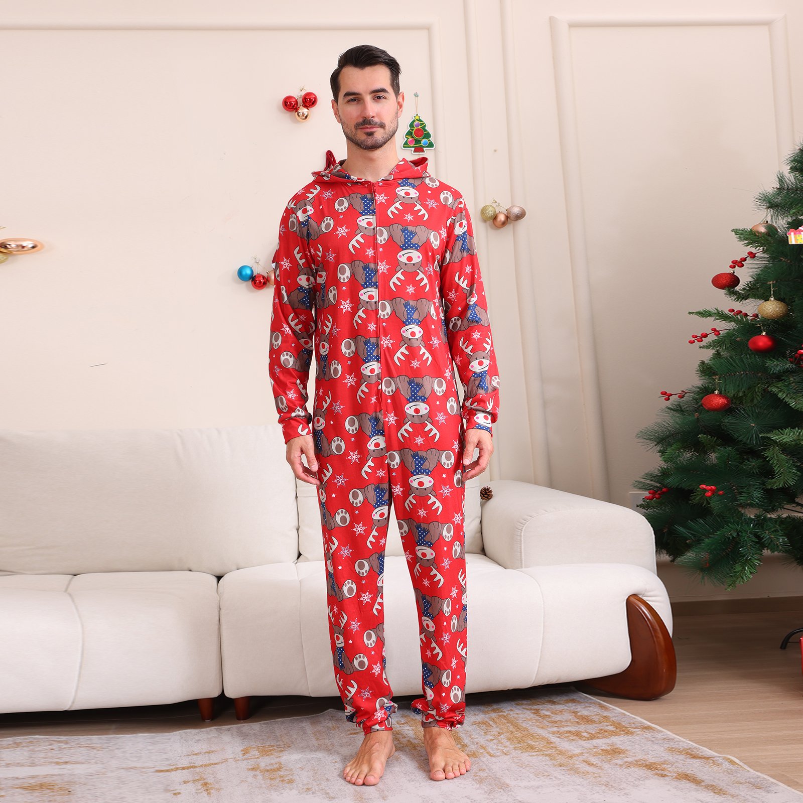 Hot sale 2024 Christmas Parent-kid Jumpsuit Deer Snowflake Printed Hooded Zippered Onesie Pajamas Family Matching Outfits