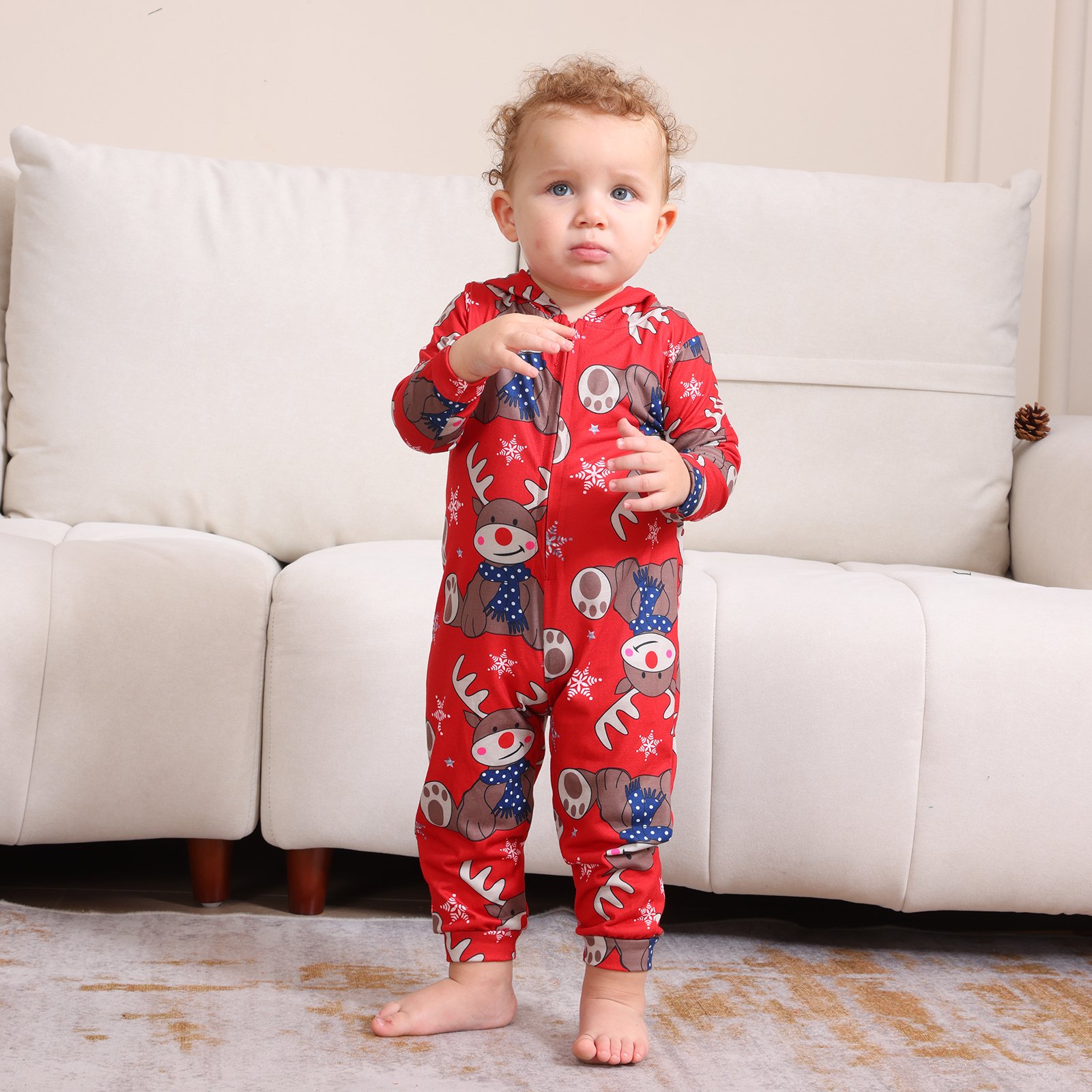 Hot sale 2024 Christmas Parent-kid Jumpsuit Deer Snowflake Printed Hooded Zippered Onesie Pajamas Family Matching Outfits