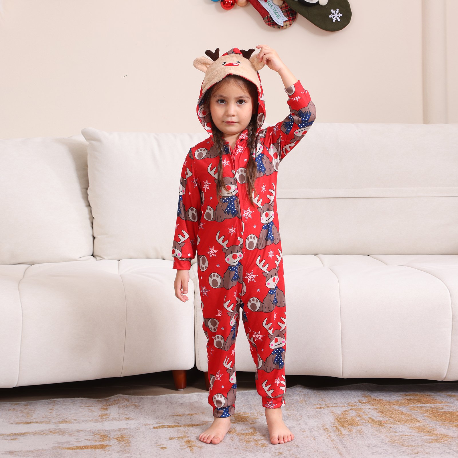 Hot sale 2024 Christmas Parent-kid Jumpsuit Deer Snowflake Printed Hooded Zippered Onesie Pajamas Family Matching Outfits