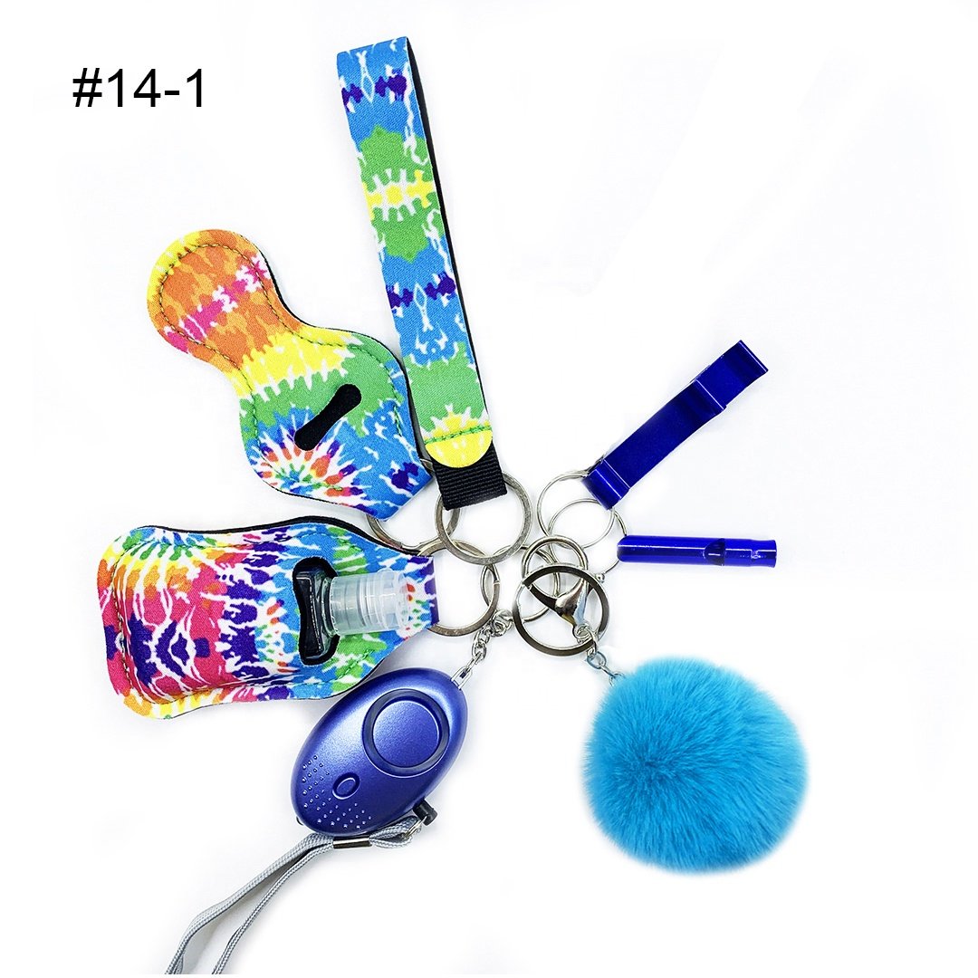 Multi Color matching Faux Furball Sound Alarm Self Defense Keychain Set Sanitizer Chapstick Holder Keyring Sets- 8pcs