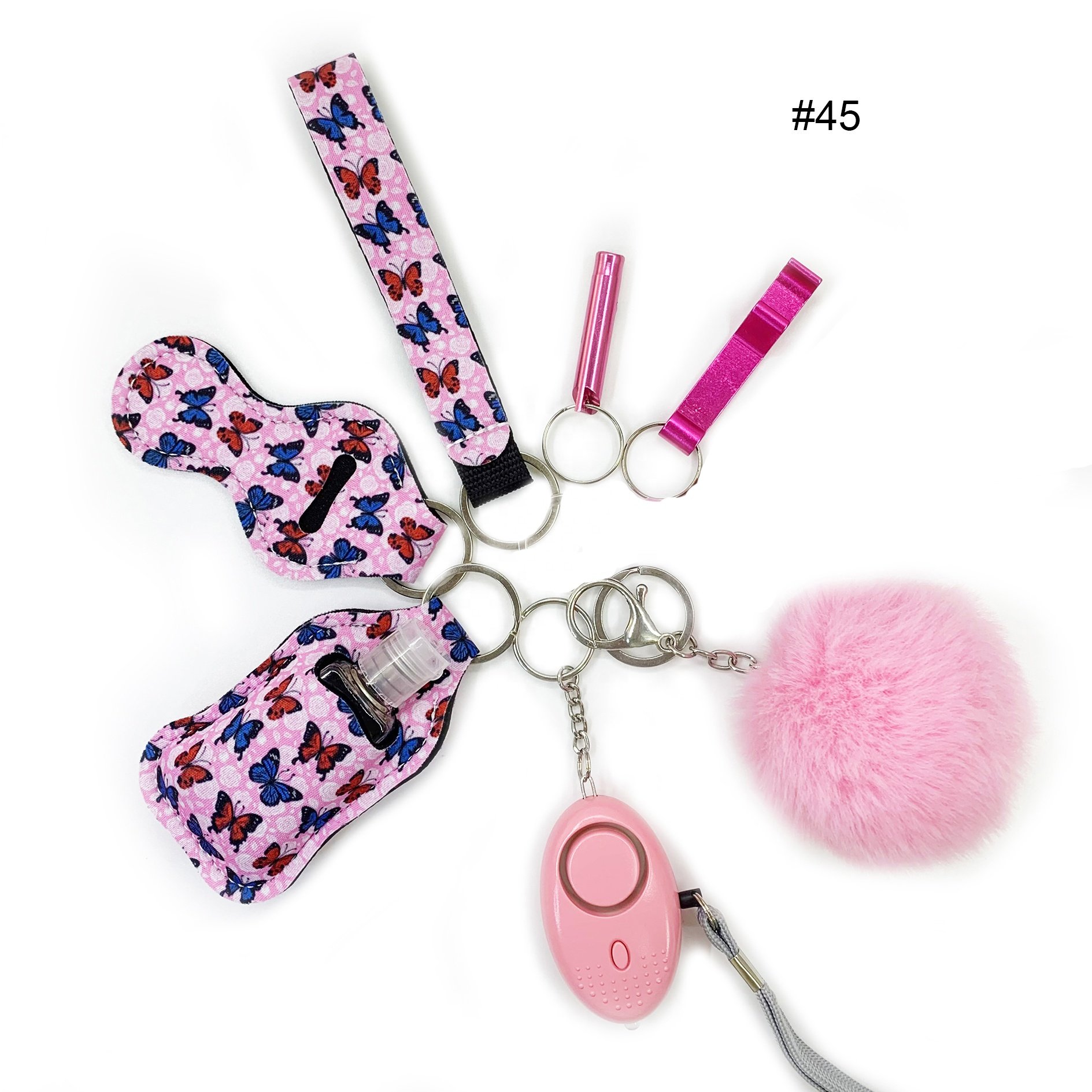 Multi Color matching Faux Furball Sound Alarm Self Defense Keychain Set Sanitizer Chapstick Holder Keyring Sets- 8pcs