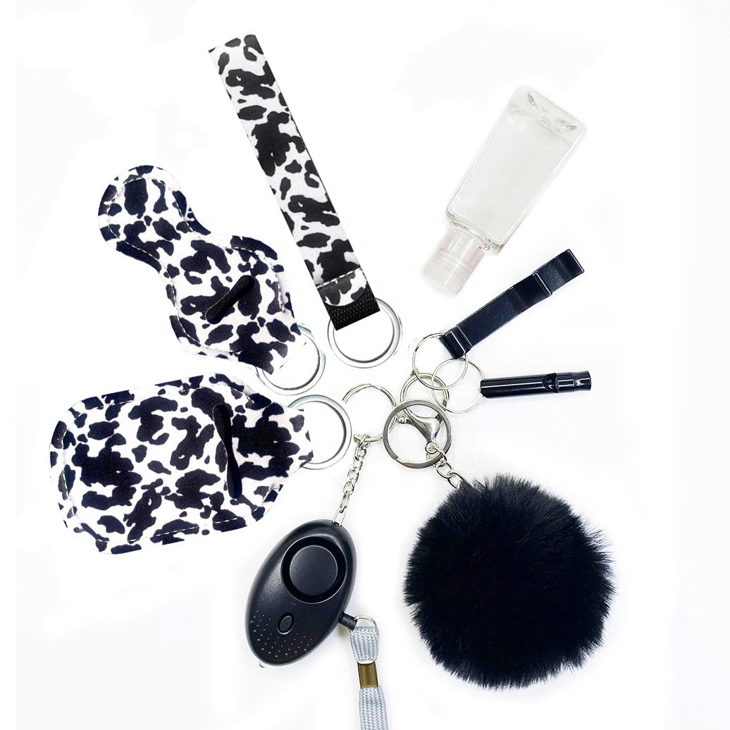Multi Color matching Faux Furball Sound Alarm Self Defense Keychain Set Sanitizer Chapstick Holder Keyring Sets- 8pcs
