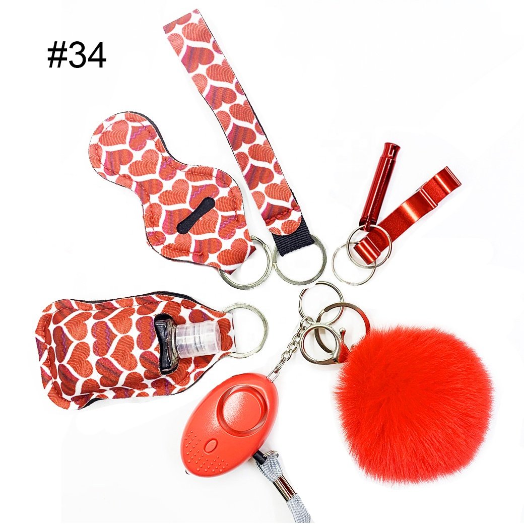 Multi Color matching Faux Furball Sound Alarm Self Defense Keychain Set Sanitizer Chapstick Holder Keyring Sets- 8pcs