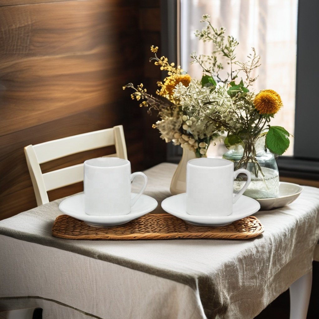 Premium White Porcelain Espresso Cups Set 2 Matching Saucers 4-Piece Gift Boxed Italian Caffe Mugs Modern 100ml Safe Drinkware