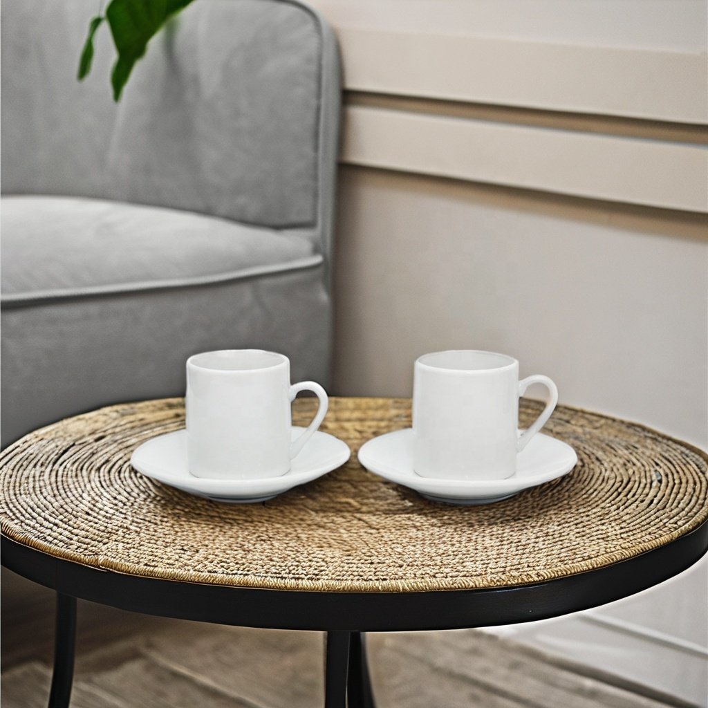 Premium White Porcelain Espresso Cups Set 2 Matching Saucers 4-Piece Gift Boxed Italian Caffe Mugs Modern 100ml Safe Drinkware