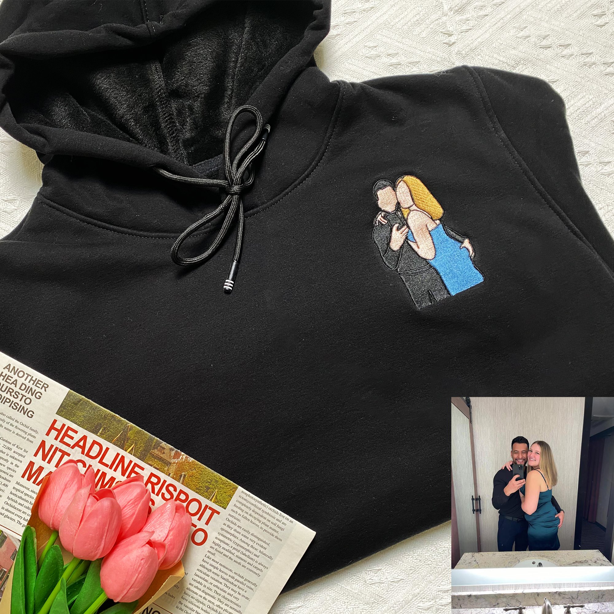 Unisex Custom Hoodie with Portrait from Photo Couple Matching Embroidery Sweatshirt Valentine's Day Gift