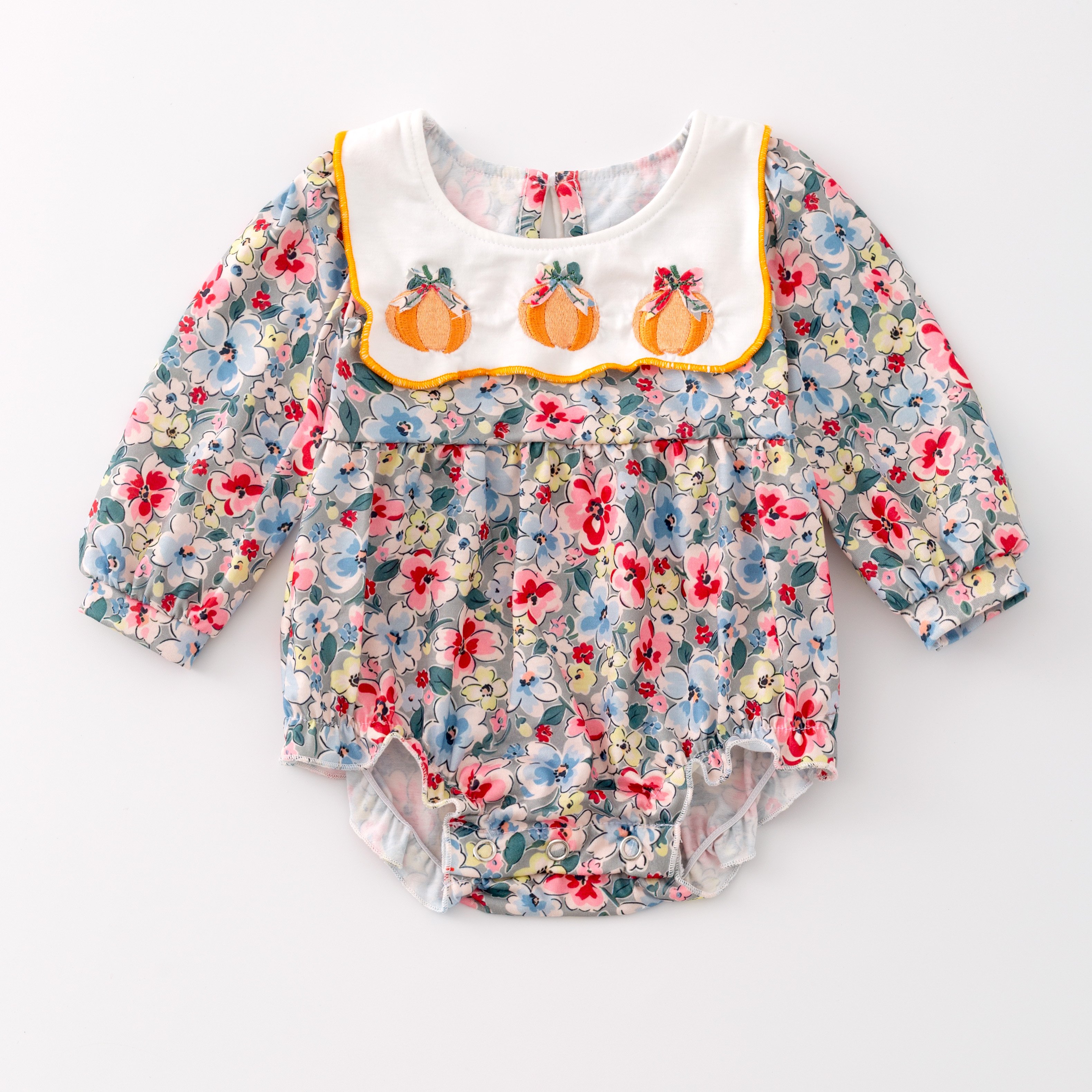 Baby Kids Toddler Smocked Clothing Girls Sibling Matching Fall Halloween Floral Print Pumpkin Embroidery Dress Outfit Romper
