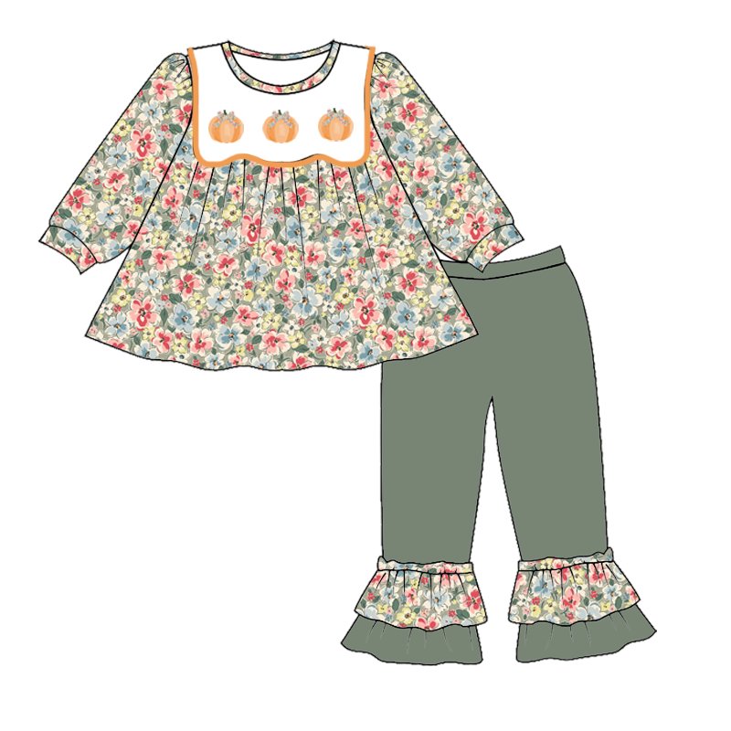Baby Kids Toddler Smocked Clothing Girls Sibling Matching Fall Halloween Floral Print Pumpkin Embroidery Dress Outfit Romper