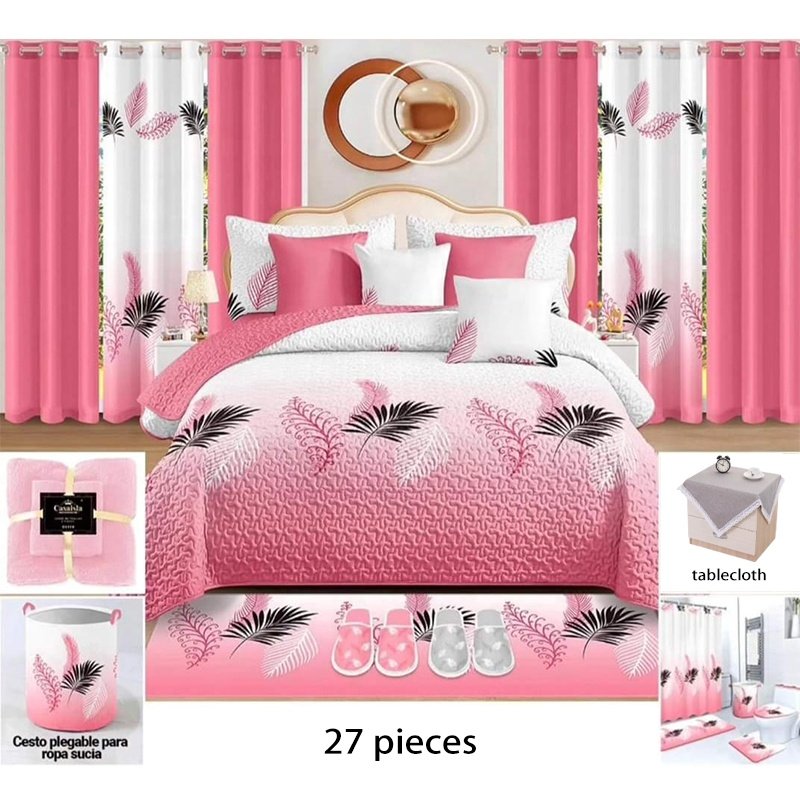 customized 27 pieces bedspread sheet set with matching curtains and bathroom sets king size quilted coverlets in stock