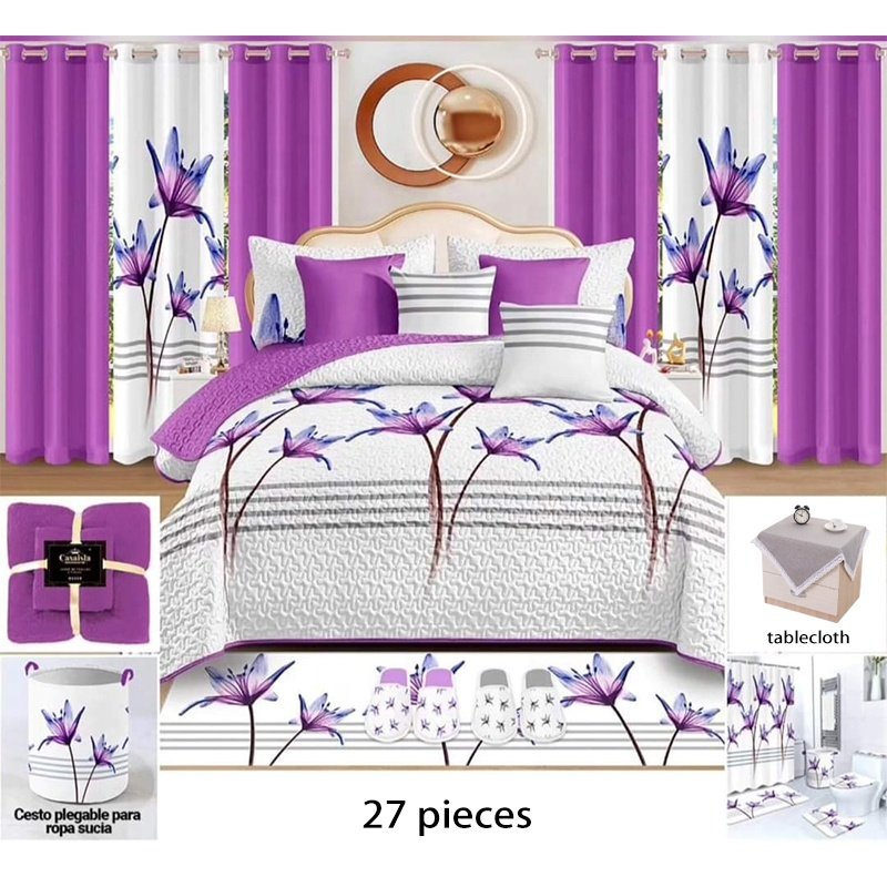 customized 27 pieces bedspread sheet set with matching curtains and bathroom sets king size quilted coverlets in stock