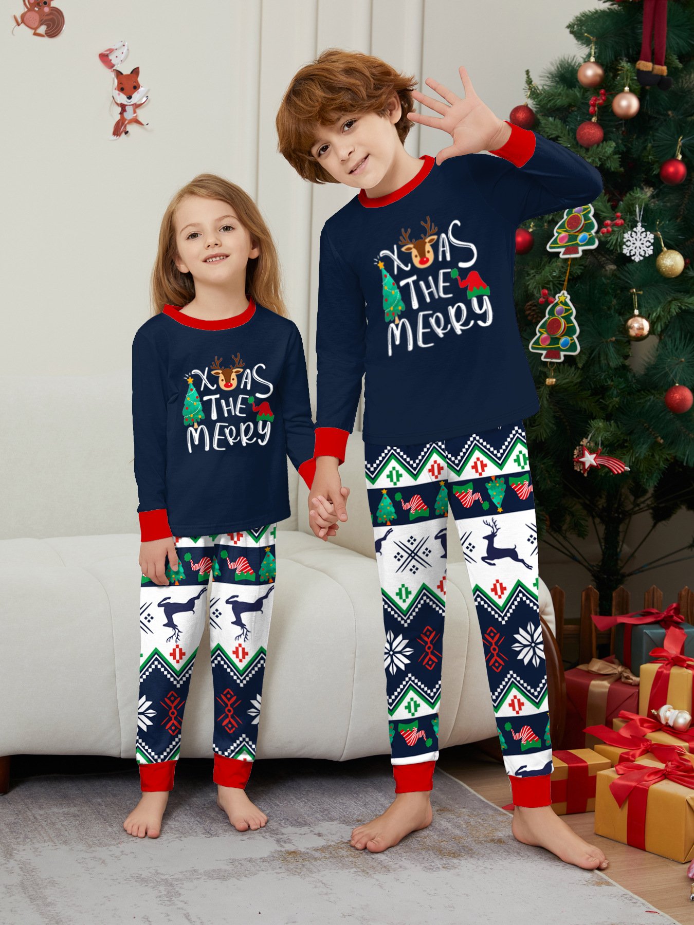 Wholesale family Christmas pajamas round neck long sleeve parent-child print elk pattern family matching sleepwear