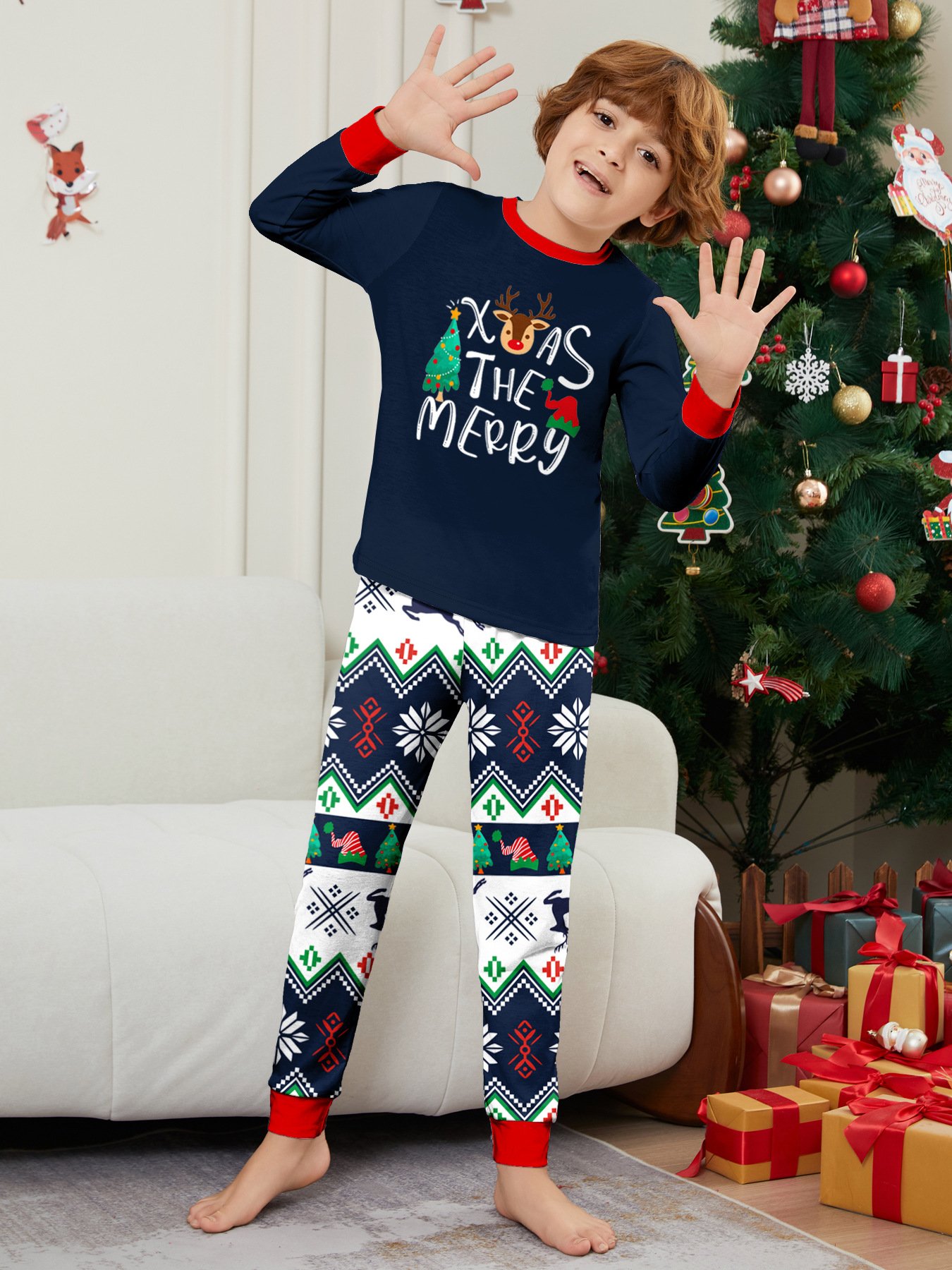 Wholesale family Christmas pajamas round neck long sleeve parent-child print elk pattern family matching sleepwear