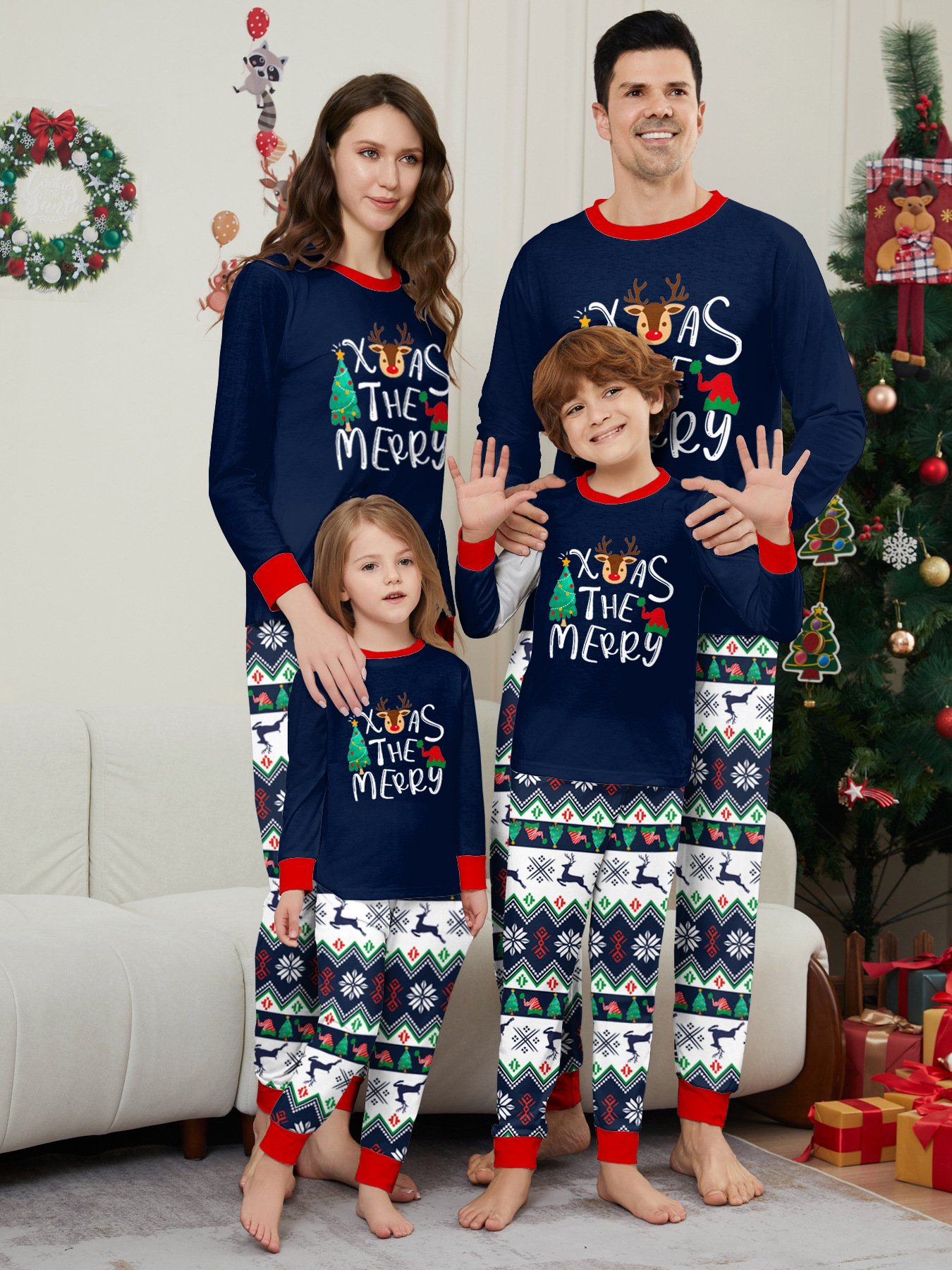 Wholesale family Christmas pajamas round neck long sleeve parent-child print elk pattern family matching sleepwear