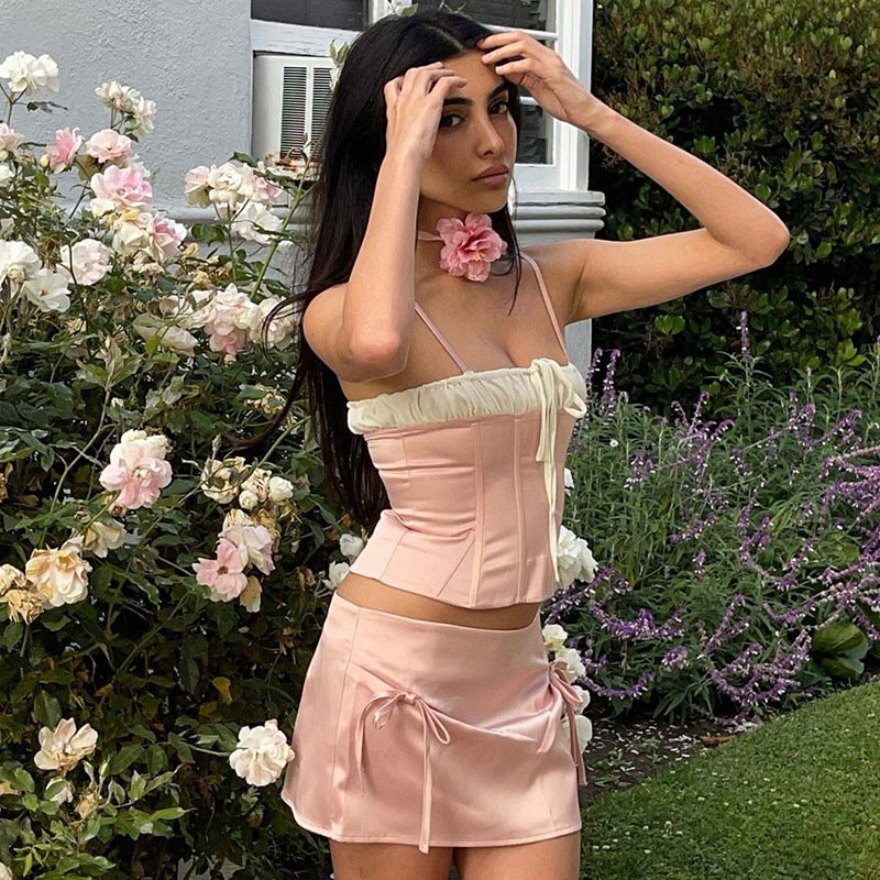 Summer fashion sexy women new sling off-shoulder slim fit midriff-baring color matching backless sleeveless woman vest