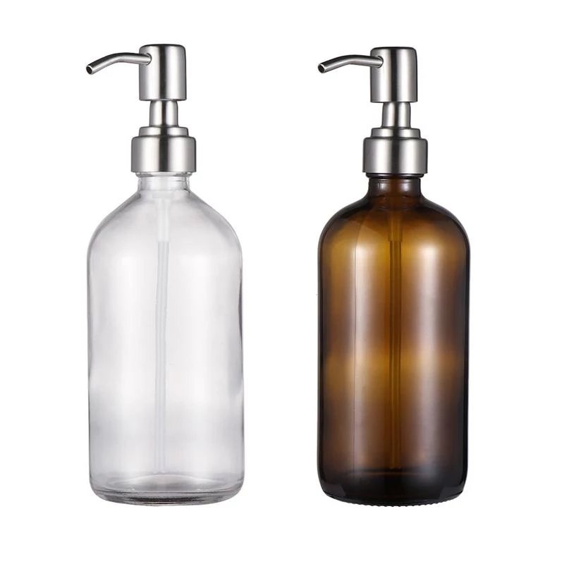 supplier factory custom 500ml transparent Liquid Soap Dispenser Amber Glass Pump Bottle with Stainless Steel Lotion Pump