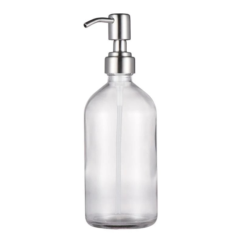 supplier factory custom 500ml transparent Liquid Soap Dispenser Amber Glass Pump Bottle with Stainless Steel Lotion Pump