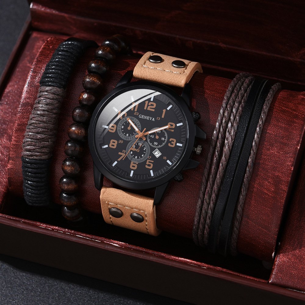 4pcs Men's Watch and Bracelet Set Elegant Casual Quartz Wristwatch with Comfy PU Strap + 3pcs Matching Bangles