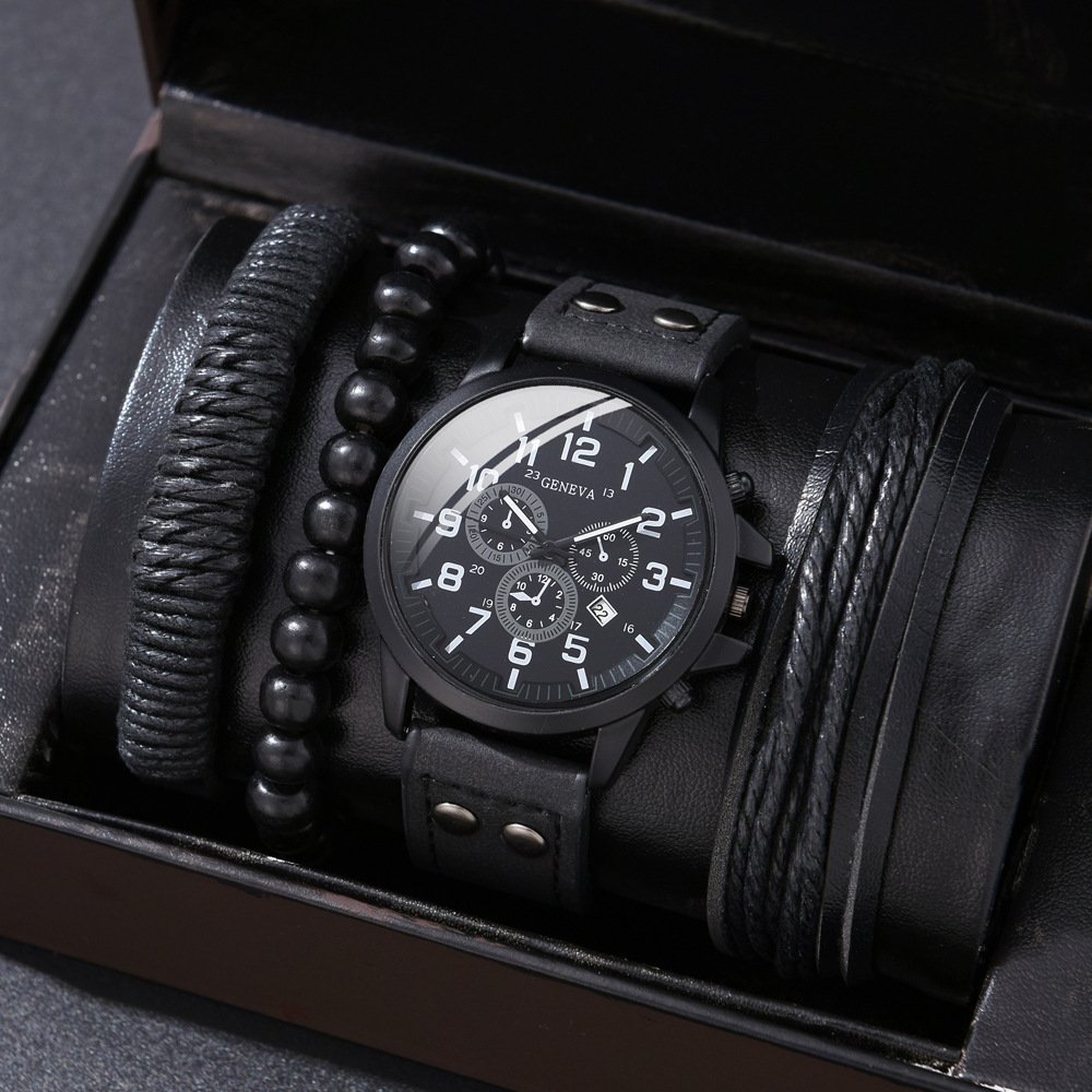 4pcs Men's Watch and Bracelet Set Elegant Casual Quartz Wristwatch with Comfy PU Strap + 3pcs Matching Bangles