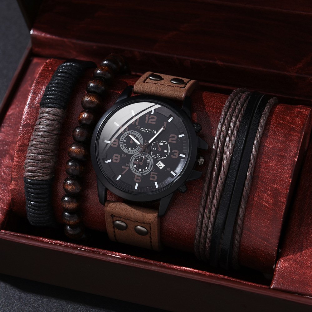 4pcs Men's Watch and Bracelet Set Elegant Casual Quartz Wristwatch with Comfy PU Strap + 3pcs Matching Bangles