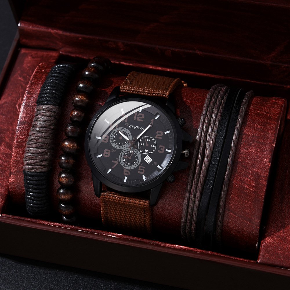 4pcs Men's Watch and Bracelet Set Elegant Casual Quartz Wristwatch with Comfy PU Strap + 3pcs Matching Bangles