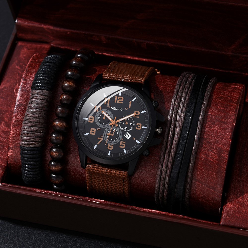 4pcs Men's Watch and Bracelet Set Elegant Casual Quartz Wristwatch with Comfy PU Strap + 3pcs Matching Bangles