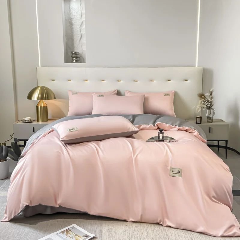 Custom Fitted Four Piece Ice Silk Bedding Set Double Bed Cotton Satin Polyester Flat Sheet With Matching Curtains