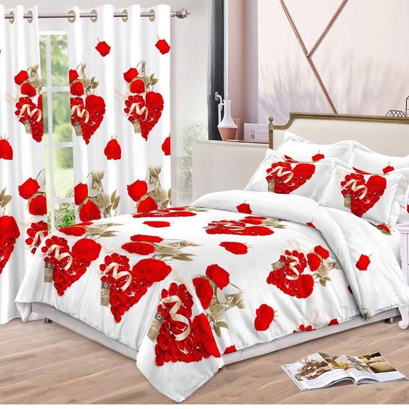 Hotsale 100% Polyester Printed Heart Love Patterns Bed Sheet Bedroom bedding Set Matching Curtains
