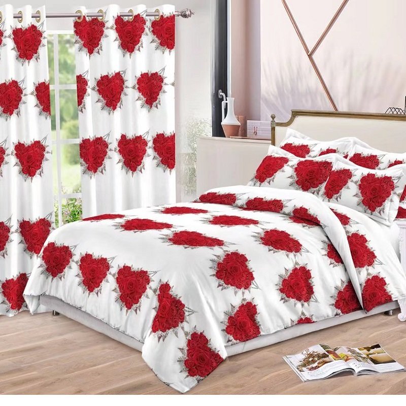 Hotsale 100% Polyester Printed Heart Love Patterns Bed Sheet Bedroom bedding Set Matching Curtains