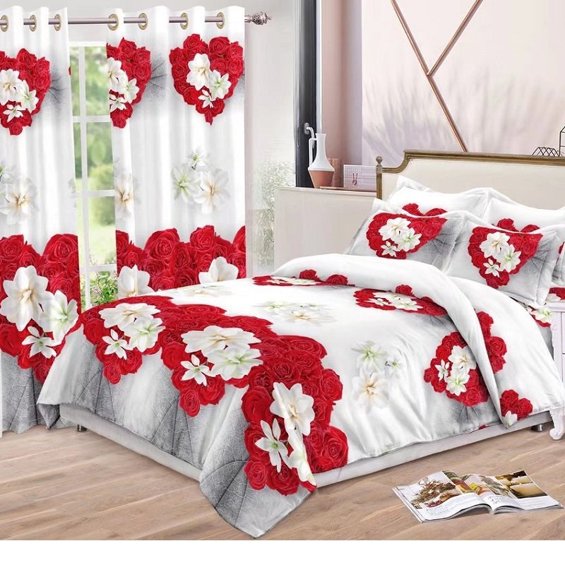 Hotsale 100% Polyester Printed Heart Love Patterns Bed Sheet Bedroom bedding Set Matching Curtains