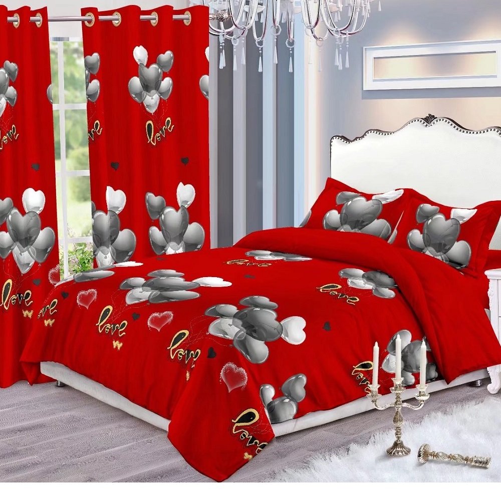 Hotsale 100% Polyester Printed Heart Love Patterns Bed Sheet Bedroom bedding Set Matching Curtains