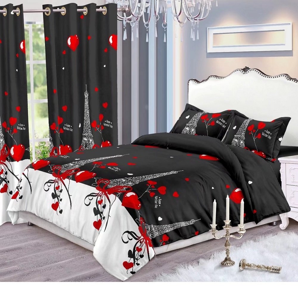 Hotsale 100% Polyester Printed Heart Love Patterns Bed Sheet Bedroom bedding Set Matching Curtains