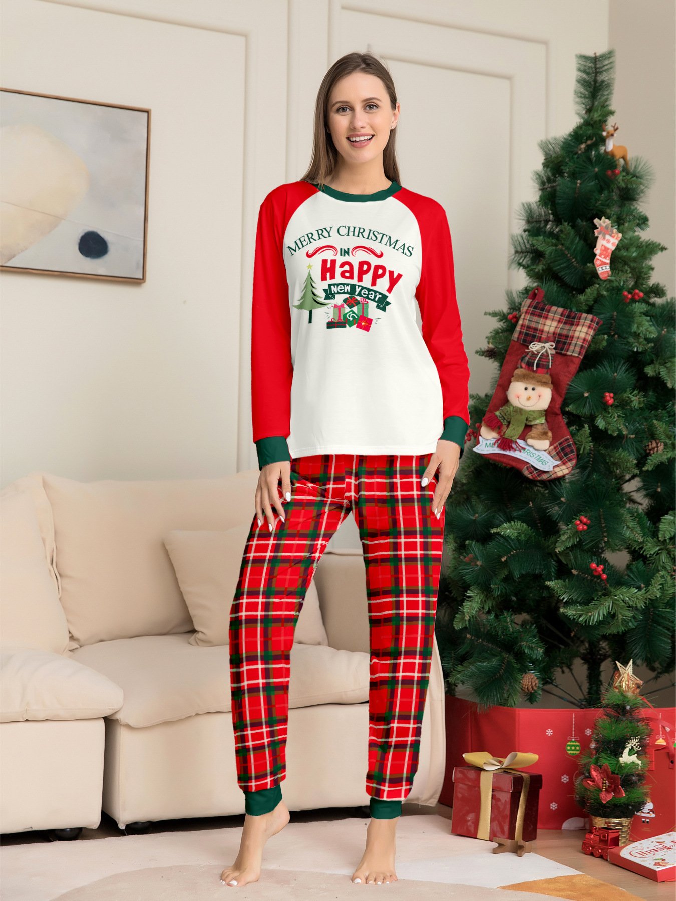 New Year Plus Size Cute Cartoon Printed Christmas Xmas PJs Sleepwear Set Fashionable Family Pajama Winter Soft Warm Matching