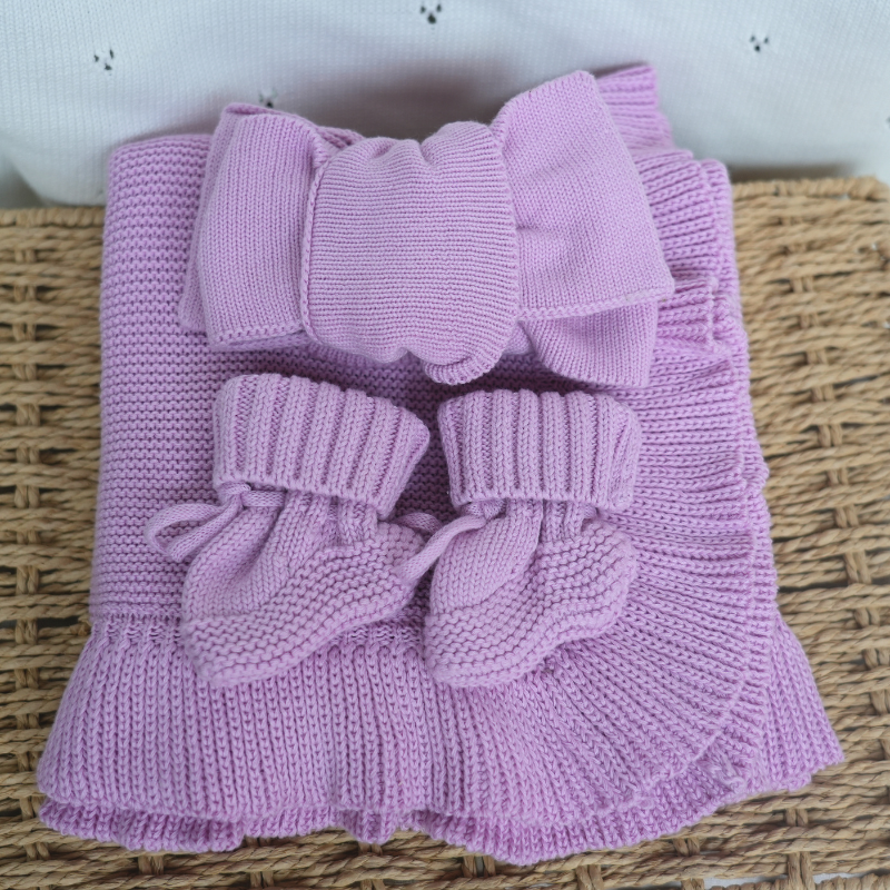 Personalised Knitted Baby Blanket Toddler Gift Set Newborn Girl Crochet Lilac Heirloom Swaddle Cover Headband Slipper 3pcs set