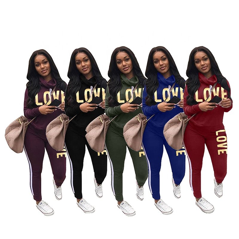 Two Piece Womens Sets Love Letter Print Tracksuit Matching Sweat Suit Fall Winter Clothes Trendy Outfits