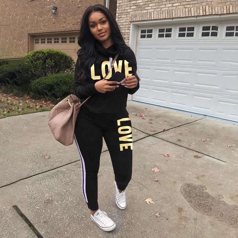Two Piece Womens Sets Love Letter Print Tracksuit Matching Sweat Suit Fall Winter Clothes Trendy Outfits