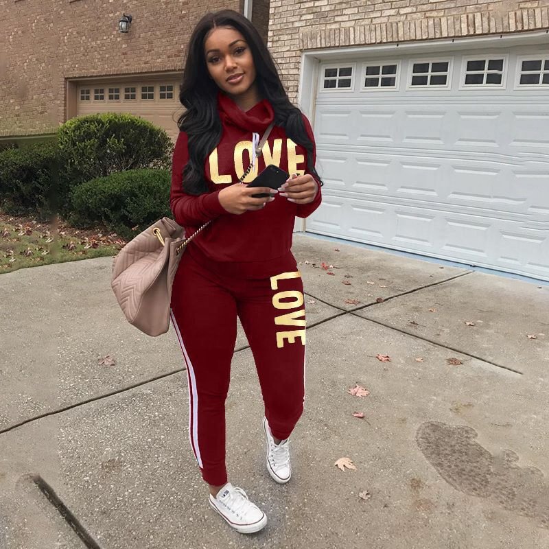 Two Piece Womens Sets Love Letter Print Tracksuit Matching Sweat Suit Fall Winter Clothes Trendy Outfits