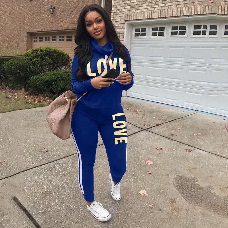 Two Piece Womens Sets Love Letter Print Tracksuit Matching Sweat Suit Fall Winter Clothes Trendy Outfits