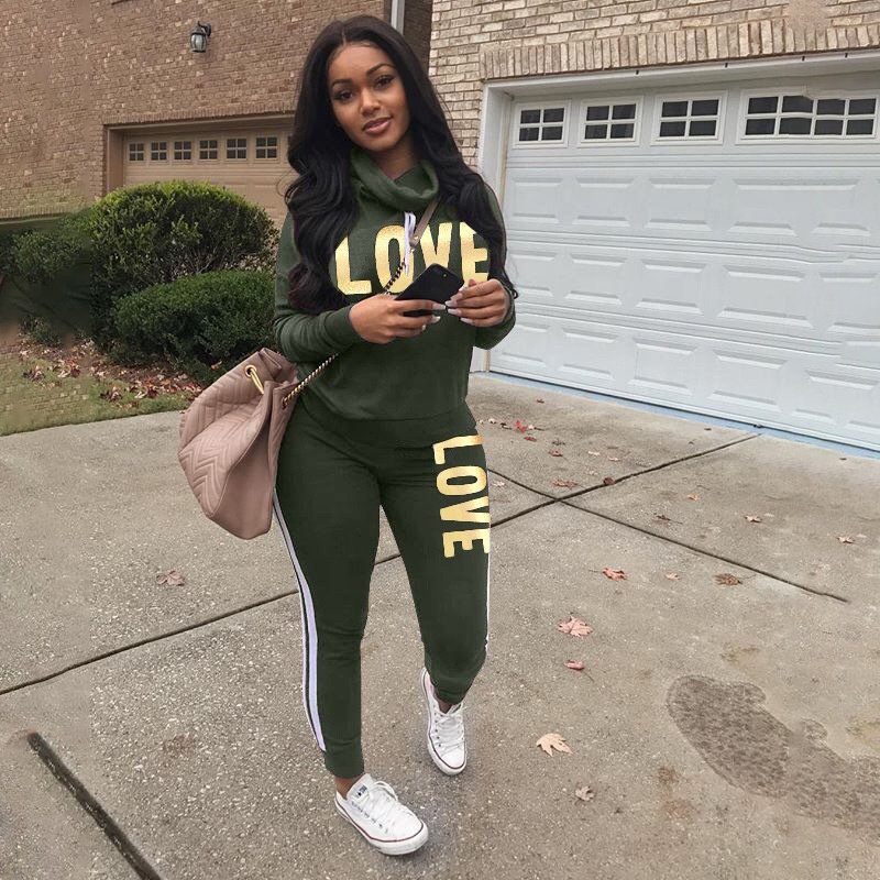 Two Piece Womens Sets Love Letter Print Tracksuit Matching Sweat Suit Fall Winter Clothes Trendy Outfits