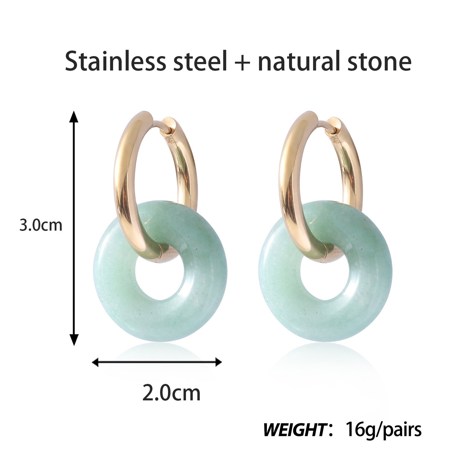 Stainless Steel All-Match Fashion Earrings Simple Temperament Design with Gemstone Material and PVD Gold Plating