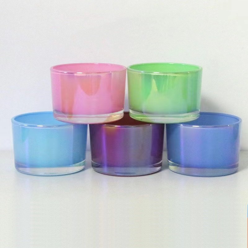 Hot Sale Custom Candle Glass Iridescent Holographic 200ml 320ml 440ml 504ml Luxury Glass Candle Vessel with Matching Lid
