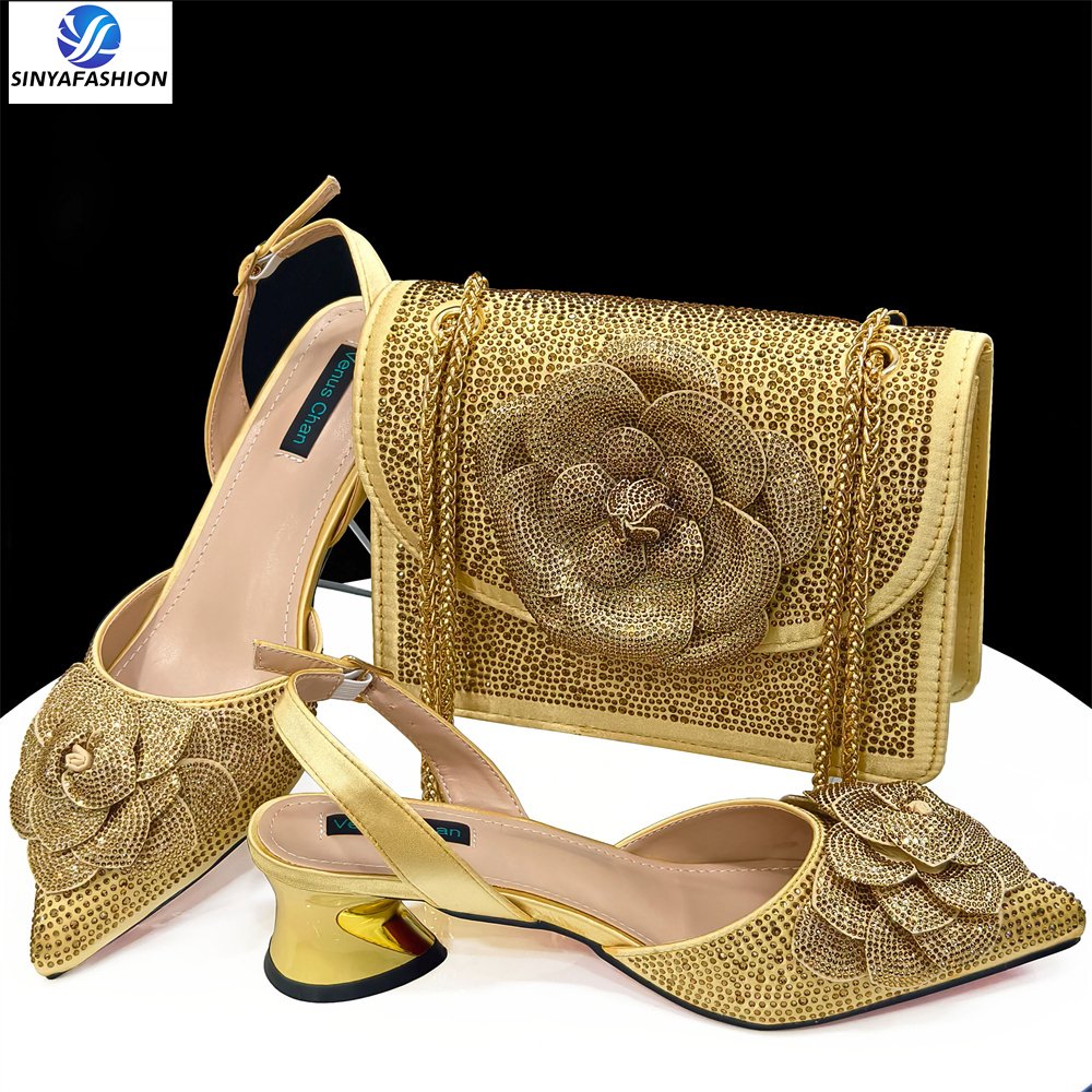 High Heel Italian Shoes And Bag Set With Stones Handmade Wedding Bridal Shoes Matching Bag Set For Women
