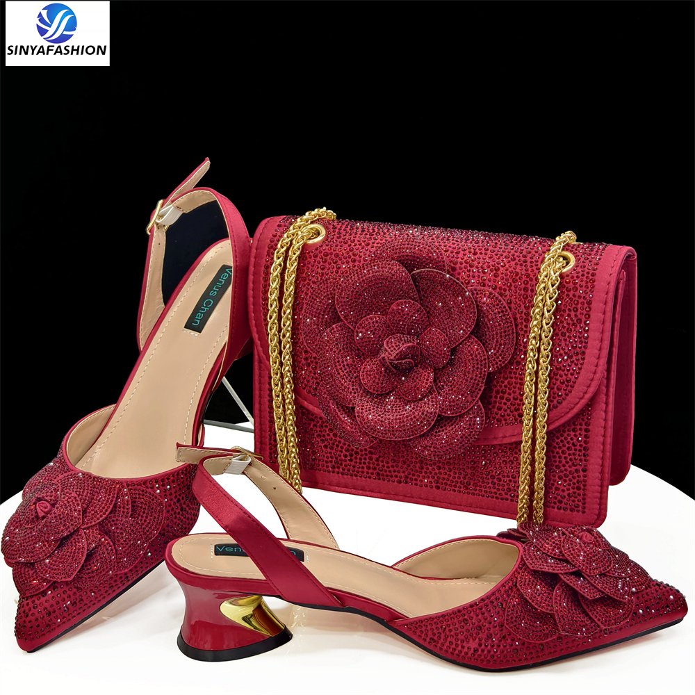 High Heel Italian Shoes And Bag Set With Stones Handmade Wedding Bridal Shoes Matching Bag Set For Women