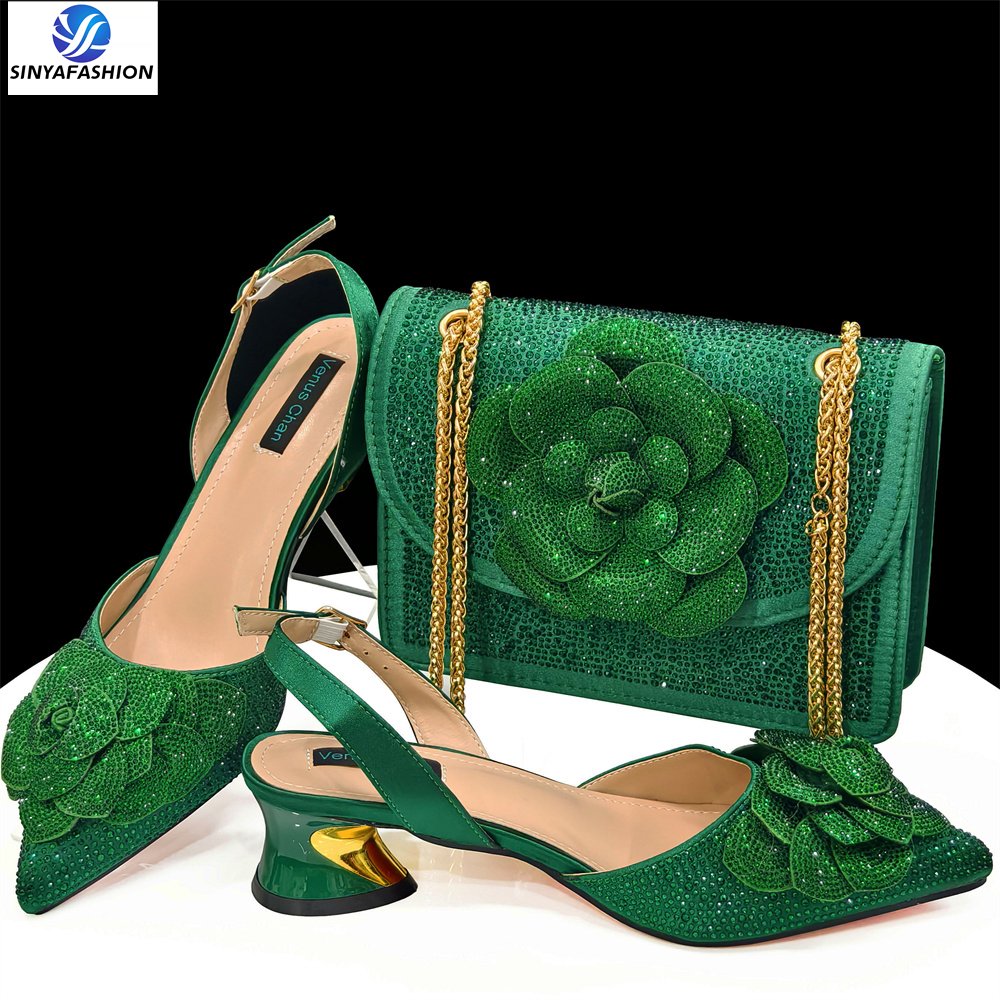 High Heel Italian Shoes And Bag Set With Stones Handmade Wedding Bridal Shoes Matching Bag Set For Women