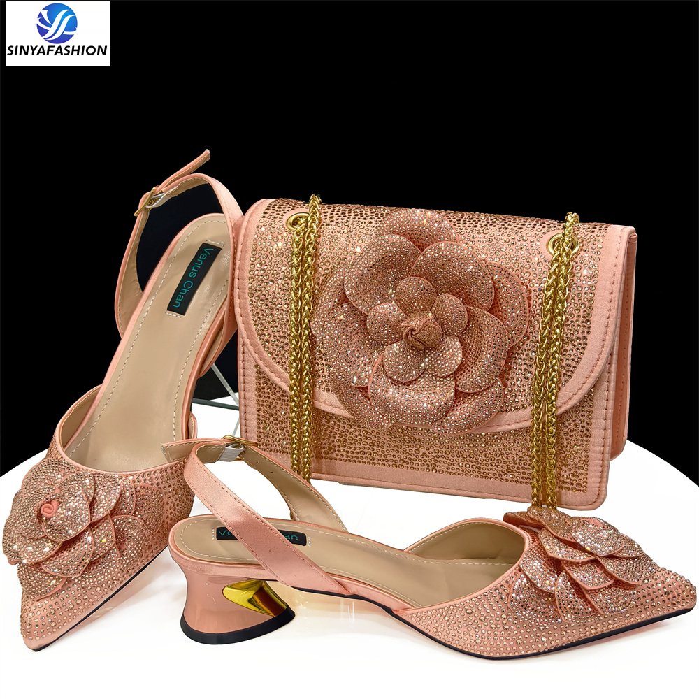 High Heel Italian Shoes And Bag Set With Stones Handmade Wedding Bridal Shoes Matching Bag Set For Women