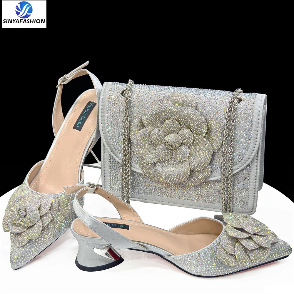High Heel Italian Shoes And Bag Set With Stones Handmade Wedding Bridal Shoes Matching Bag Set For Women