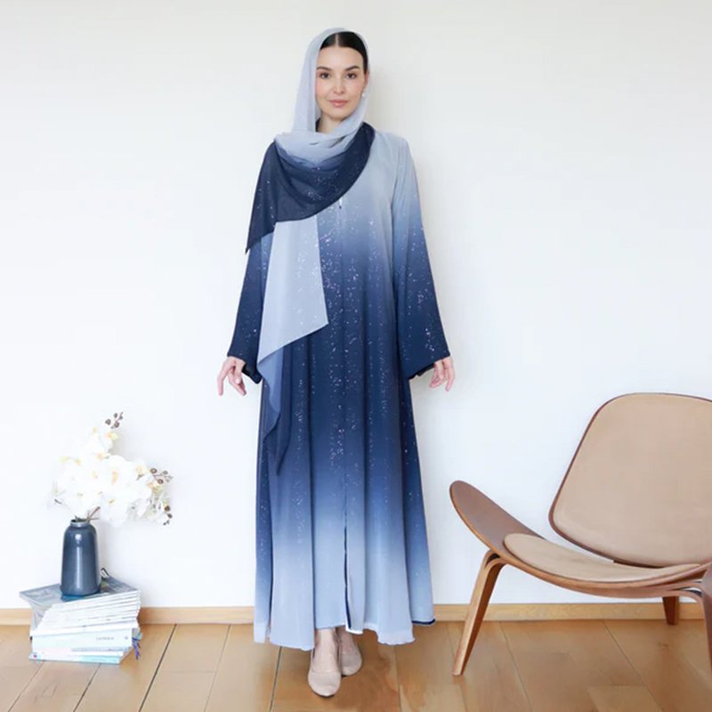 Gradient glitter chiffon fabric open abaya dress latest design dubai muslim cardigan kimono with a free matching shawl
