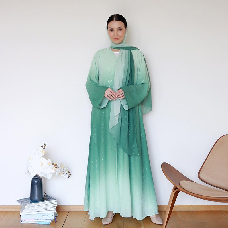 Gradient glitter chiffon fabric open abaya dress latest design dubai muslim cardigan kimono with a free matching shawl