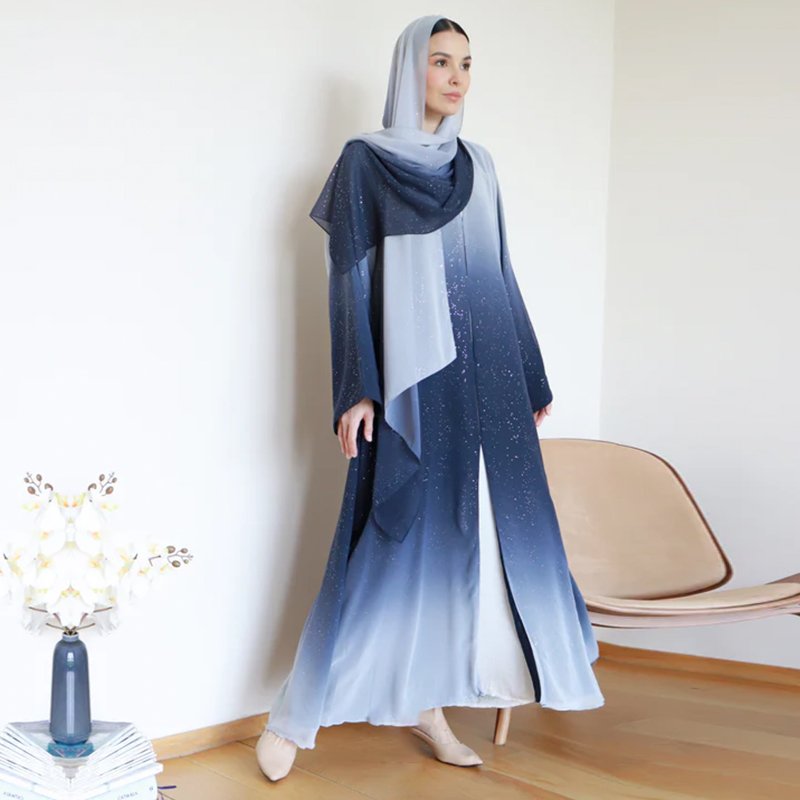 Gradient glitter chiffon fabric open abaya dress latest design dubai muslim cardigan kimono with a free matching shawl