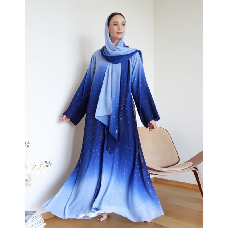 Gradient glitter chiffon fabric open abaya dress latest design dubai muslim cardigan kimono with a free matching shawl