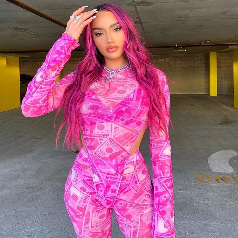 Fashion Long Sleeve Money Print Mesh Bodysuit Top And Legging Set Two Piece Suits Women Money Moving Pink Matching Set